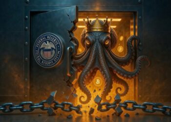 Una enorme puerta blindada de la Reserva Federal (con el sello oficial de la Fed) siendo abierta de golpe por un Kraken gigante estilizado (el pulpo de la compañía con corona de Bitcoin).