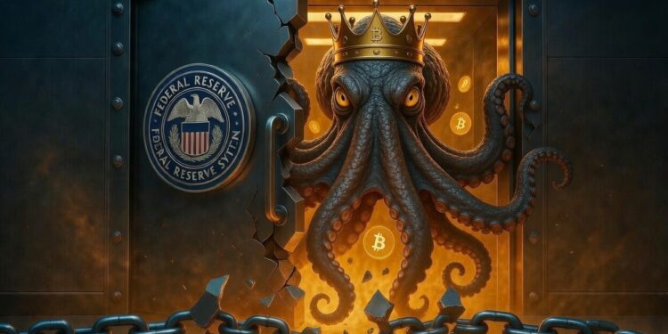Una enorme puerta blindada de la Reserva Federal (con el sello oficial de la Fed) siendo abierta de golpe por un Kraken gigante estilizado (el pulpo de la compañía con corona de Bitcoin).