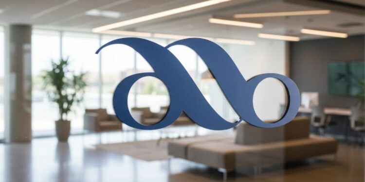 Vidrio de un lobby de oficinas que muestra el logo de la ABA.