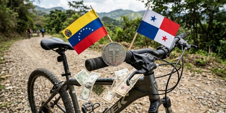 Moneda física de USDT sobre una bicicleta, con la bandera de Venezuela y Panamá, y dólares alrededor.