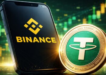 Un celular con el logo de Binance junto a una moneda física de USDT, la stablecoin de Tether.