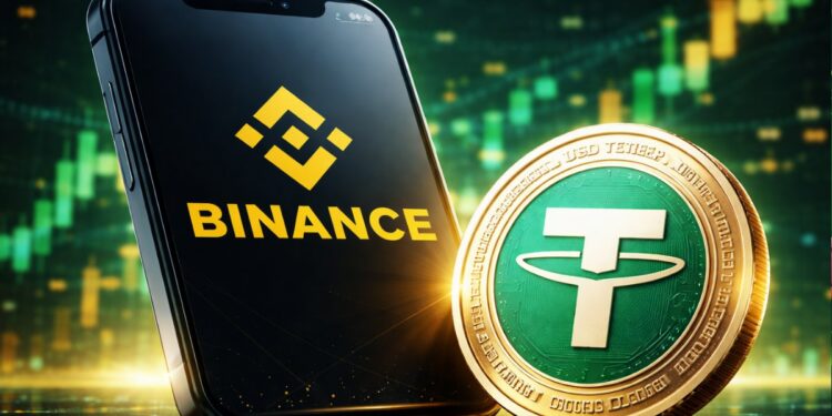 Un celular con el logo de Binance junto a una moneda física de USDT, la stablecoin de Tether.