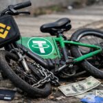Una bicicleta con simbología de USDT paralizada, con el logo de Binance al frente, tarjetas bancarias y dólares alrededor.