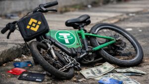 Una bicicleta con simbología de USDT paralizada, con el logo de Binance al frente, tarjetas bancarias y dólares alrededor.