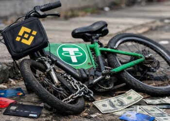 Una bicicleta con simbología de USDT paralizada, con el logo de Binance al frente, tarjetas bancarias y dólares alrededor.