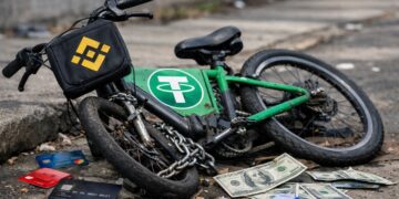Una bicicleta con simbología de USDT paralizada, con el logo de Binance al frente, tarjetas bancarias y dólares alrededor.