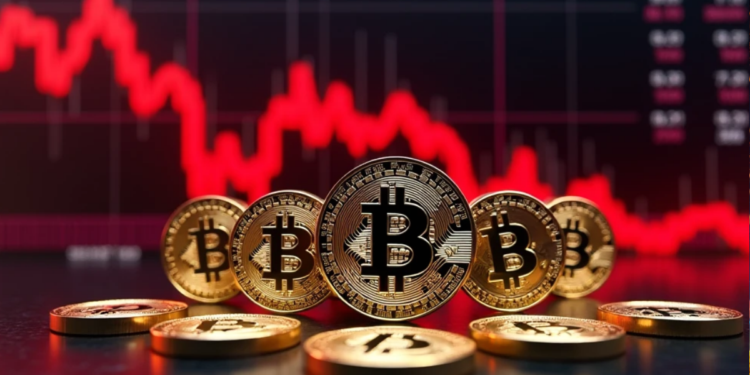Monedas de bitcoin delante de un grรกfico de precios.