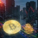 Moneda de bitcoin sobre gráficos del mercado