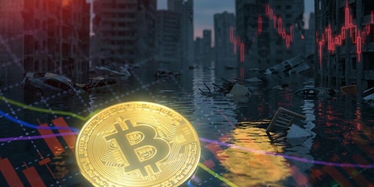 Moneda de bitcoin sobre gráficos del mercado