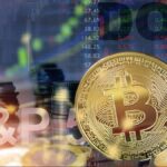Bitcoin dorado frente a gráfico del S&P 500 con velas y señales de compra/venta.