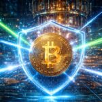 Una moneda de BTC envuelta en un escudo contra la computación cuántica.