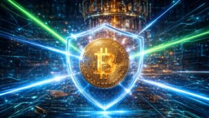 Una moneda de BTC envuelta en un escudo contra la computaciรณn cuรกntica.