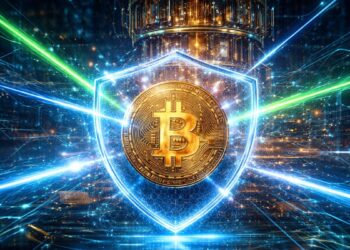 Una moneda de BTC envuelta en un escudo contra la computación cuántica.