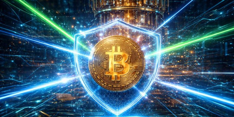 Una moneda de BTC envuelta en un escudo contra la computación cuántica.