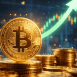 Monedas físicas doradas de bitcoin frente a un gráfico bursátil verde en tendencia alcista.