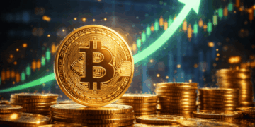 Monedas físicas doradas de bitcoin frente a un gráfico bursátil verde en tendencia alcista.