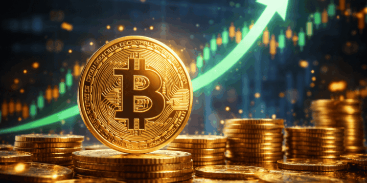 Monedas físicas doradas de bitcoin frente a un gráfico bursátil verde en tendencia alcista.