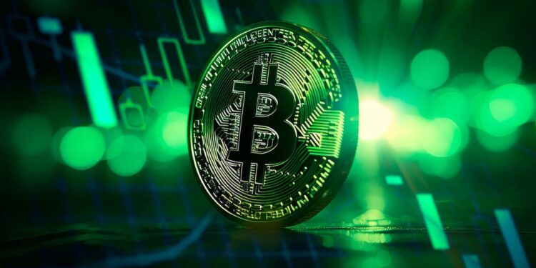 Moneda física de bitcoin dorada con un fondo de gráfico de precio donde el color verde predomina.