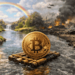 Bitcoin navegando en un rรญo. A la izquierda se observa un paisaje bonito. A la derecha hay guerra, pobreza, oscuridad.