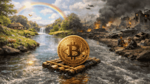 Bitcoin navegando en un río. A la izquierda se observa un paisaje bonito. A la derecha hay guerra, pobreza, oscuridad.