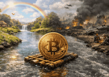 Bitcoin navegando en un río. A la izquierda se observa un paisaje bonito. A la derecha hay guerra, pobreza, oscuridad.