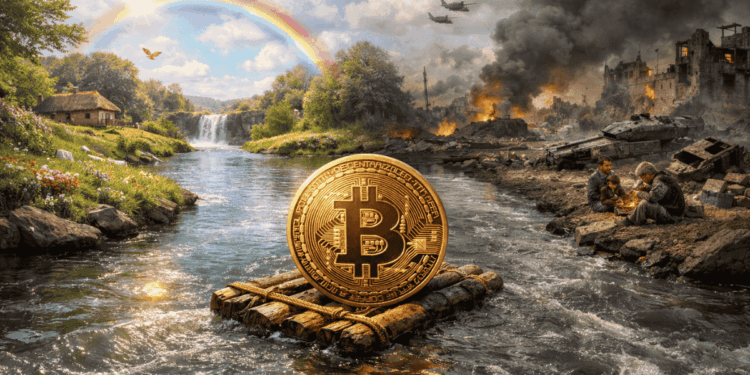 Bitcoin navegando en un río. A la izquierda se observa un paisaje bonito. A la derecha hay guerra, pobreza, oscuridad.