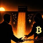 Una represa hidroeléctrica gigantesca (inspirada en Itaipú) al atardecer, con agua cayendo en cascada naranja brillante (como Bitcoin). En primer plano, dos figuras silueteadas: una representa al gobierno (traje formal, mano extendida en gesto de “ven”), la otra a la industria Bitcoin (figura con capucha ₿, acercándose confiada). Pero entre ellos hay una cadena de fuego lento que quema la figura de Bitcoin, mientras la mano del gobierno aprieta más fuerte.