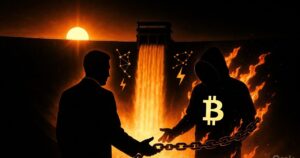 Una represa hidroelรฉctrica gigantesca (inspirada en Itaipรบ) al atardecer, con agua cayendo en cascada naranja brillante (como Bitcoin). En primer plano, dos figuras silueteadas: una representa al gobierno (traje formal, mano extendida en gesto de โvenโ), la otra a la industria Bitcoin (figura con capucha โฟ, acercรกndose confiada). Pero entre ellos hay una cadena de fuego lento que quema la figura de Bitcoin, mientras la mano del gobierno aprieta mรกs fuerte.