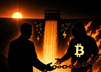 Una represa hidroeléctrica gigantesca (inspirada en Itaipú) al atardecer, con agua cayendo en cascada naranja brillante (como Bitcoin). En primer plano, dos figuras silueteadas: una representa al gobierno (traje formal, mano extendida en gesto de “ven”), la otra a la industria Bitcoin (figura con capucha ₿, acercándose confiada). Pero entre ellos hay una cadena de fuego lento que quema la figura de Bitcoin, mientras la mano del gobierno aprieta más fuerte.