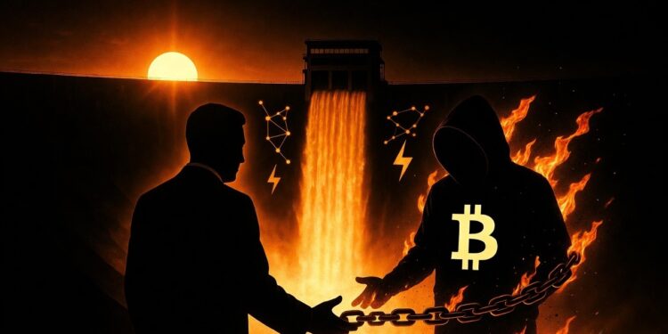 Una represa hidroeléctrica gigantesca (inspirada en Itaipú) al atardecer, con agua cayendo en cascada naranja brillante (como Bitcoin). En primer plano, dos figuras silueteadas: una representa al gobierno (traje formal, mano extendida en gesto de “ven”), la otra a la industria Bitcoin (figura con capucha ₿, acercándose confiada). Pero entre ellos hay una cadena de fuego lento que quema la figura de Bitcoin, mientras la mano del gobierno aprieta más fuerte.