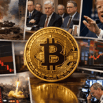 Collage de imágenes que representan el escenario actual. En primer plano hay una moneda física de bitcoin.