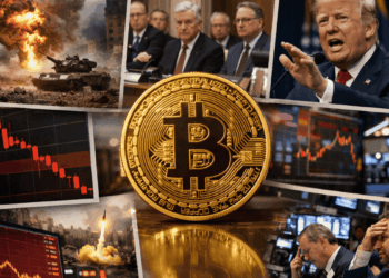 Collage de imágenes que representan el escenario actual. En primer plano hay una moneda física de bitcoin.