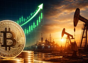 Moneda dorada de bitcoin en primer plano con gráfico de mercado alcista y bombas petroleras.