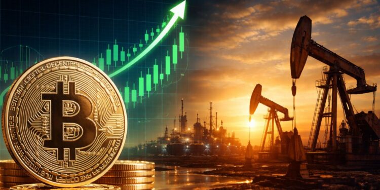 Moneda dorada de bitcoin en primer plano con gráfico de mercado alcista y bombas petroleras.