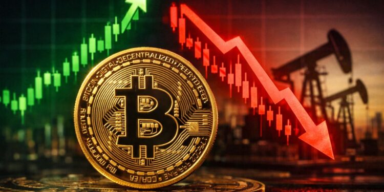 Moneda física de bitcoin en primer plano con gráfico verde alcista y gráfico rojo bajista del petróleo al fondo.