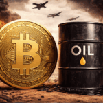 Una moneda física de bitcoin y un barril de petroleo, de fondo, un escenario de guerra.