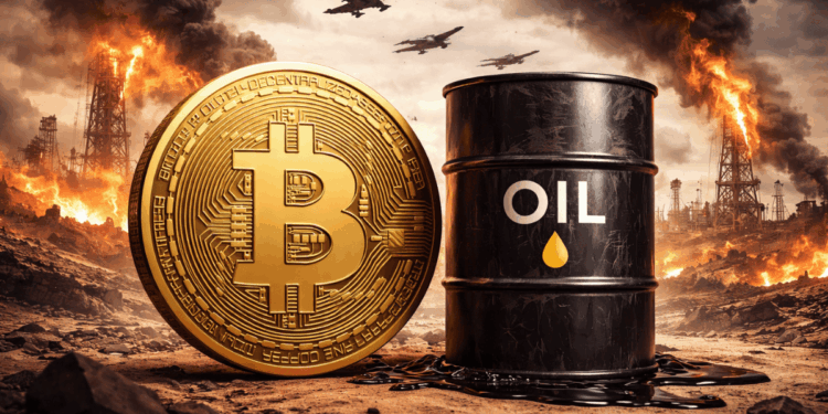 Una moneda física de bitcoin y un barril de petroleo, de fondo, un escenario de guerra.