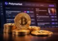 Monedas de Bitcoin en primer plano frente a la plataforma de Polymarket, simbolizando cómo las apuestas con dinero real reflejan la percepción del mercado sobre el precio de BTC.