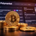 Monedas de Bitcoin en primer plano frente a la plataforma de Polymarket, simbolizando cรณmo las apuestas con dinero real reflejan la percepciรณn del mercado sobre el precio de BTC.