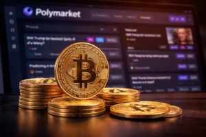 Monedas de Bitcoin en primer plano frente a la plataforma de Polymarket, simbolizando cómo las apuestas con dinero real reflejan la percepción del mercado sobre el precio de BTC.