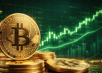 Monedas físicas doradas de bitcoin frente a un gráfico bursátil verde en tendencia alcista.