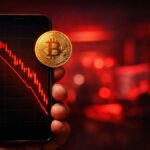 Mano sosteniendo smartphone con gráfico de bitcoin en caída pronunciada y vela roja, fondo desenfocado en tonos rojos que transmite tensión financiera.