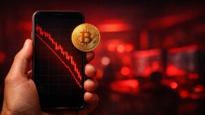 Mano sosteniendo smartphone con gráfico de bitcoin en caída pronunciada y vela roja, fondo desenfocado en tonos rojos que transmite tensión financiera.