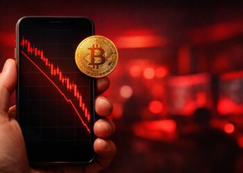 Mano sosteniendo smartphone con gráfico de bitcoin en caída pronunciada y vela roja, fondo desenfocado en tonos rojos que transmite tensión financiera.