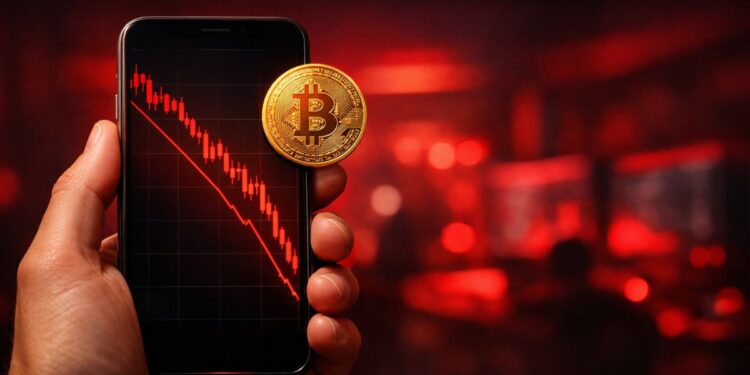 Mano sosteniendo smartphone con grรกfico de bitcoin en caรญda pronunciada y vela roja, fondo desenfocado en tonos rojos que transmite tensiรณn financiera.
