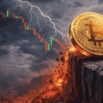 Una moneda física de bitcoin a punto de caer a un precipicio.