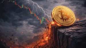 Una moneda física de bitcoin a punto de caer a un precipicio.