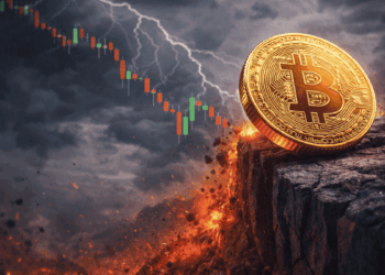 Una moneda física de bitcoin a punto de caer a un precipicio.