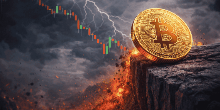 Una moneda física de bitcoin a punto de caer a un precipicio.