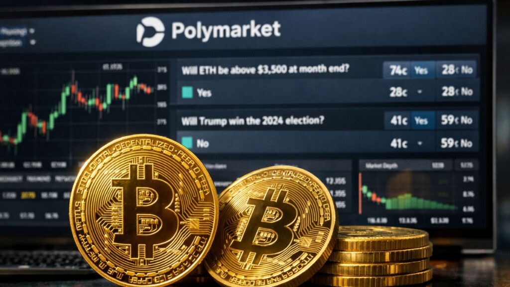 Monedas doradas físicas de Bitcoin frente a una pantalla con el mercado de predicción Polymarket y gráficos de trading en segundo plano.
